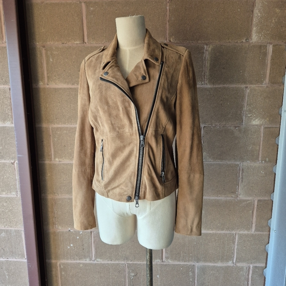 SET Urban Deluxe Suede Moto Jacket Camel Tan Leather Biker Coat US 8 - Picture 12 of 12